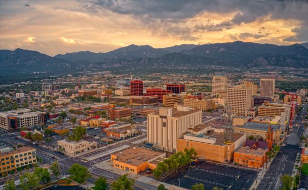 pickup truck rentals Colorado Springs CO Aerial view of Colorado Springs, CO with the mountain range in the background