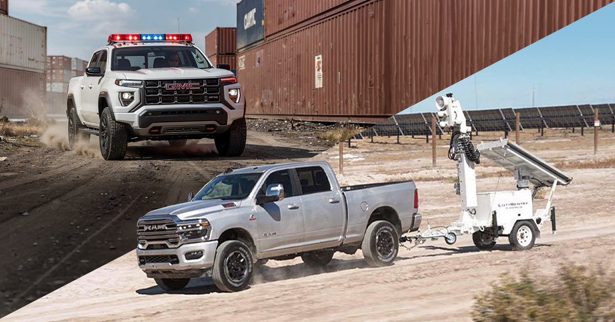 White 4x4 work trucks supporting security site coverage, patrol routes, and equipment access