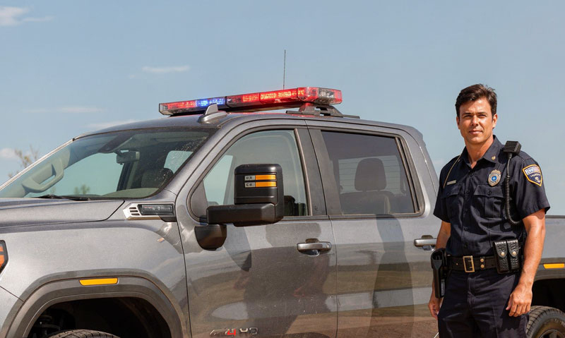Security professional standing beside a 4x4 pickup truck for patrol routes, site coverage, and perimeter access.