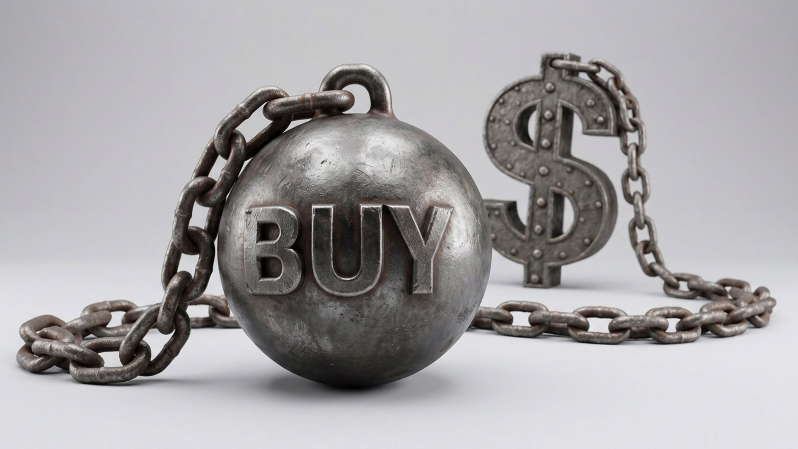 Metal " buy" symbol chained to a dollar sign, representing the cost and long-term commitment of buying work trucks.